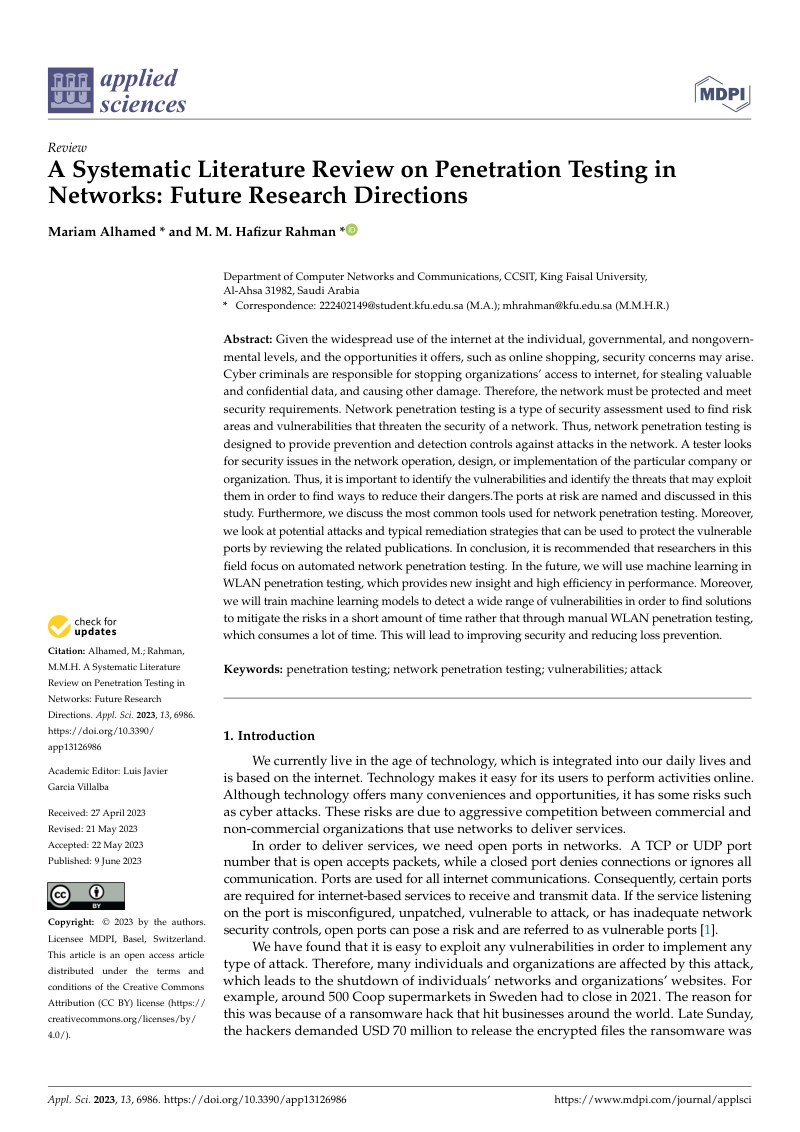 A SYSTEMATIC LITERATURE REVIEW ON PENETRATION TESTING IN NETWORKS: FUTURE RESEARCH DIRECTIONS