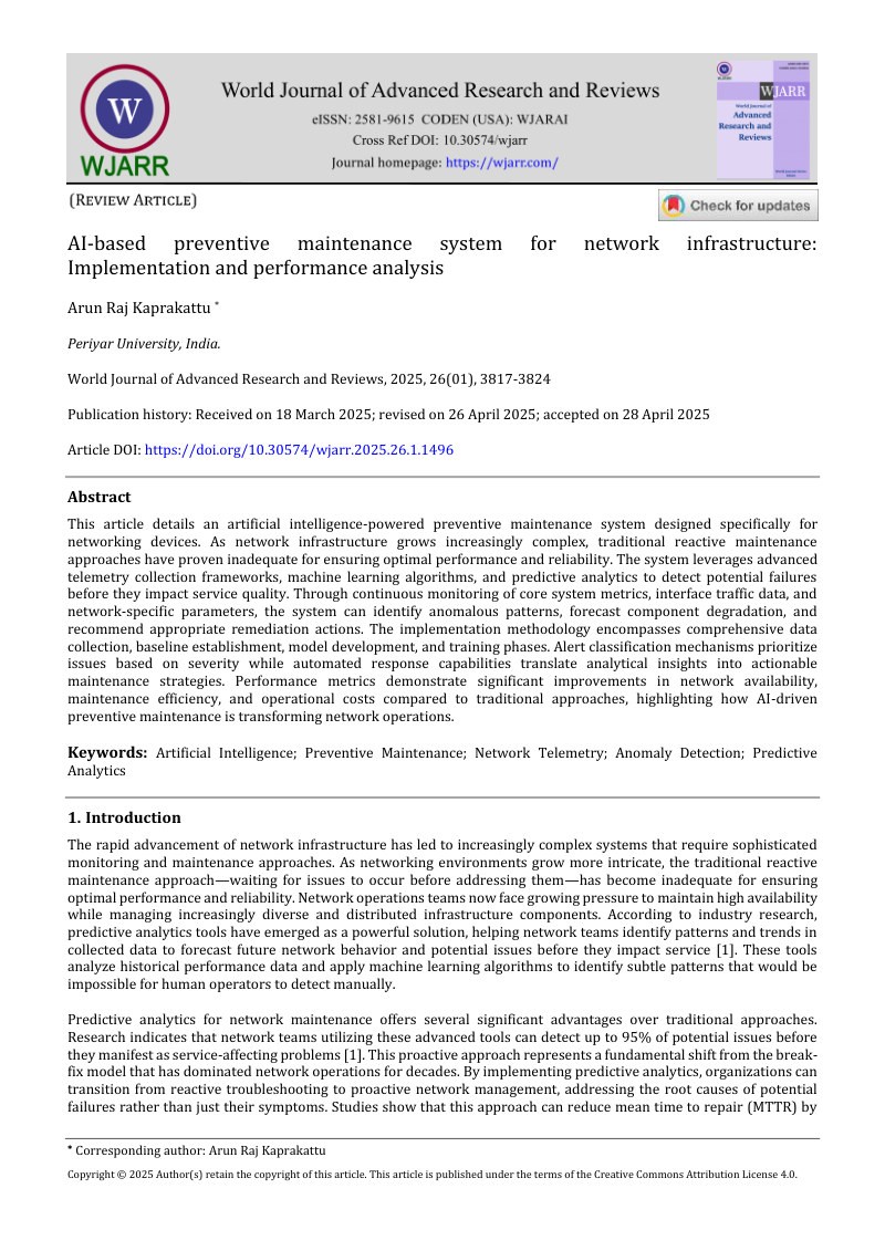 AI-BASED PREVENTIVE MAINTENANCE SYSTEM FOR NETWORK INFRASTRUCTURE: IMPLEMENTATION AND ANALYSIS